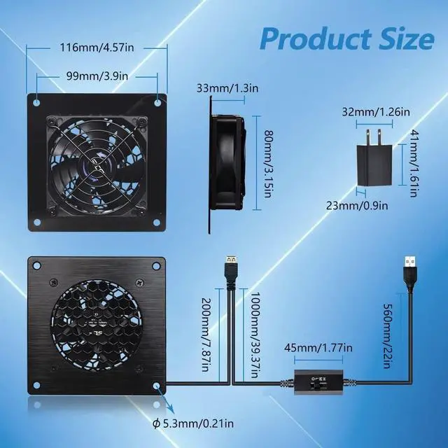 Alt view image 3 of 7 - USB Cabinet 80MM Fan Quiet Cooling Fan System 4" with Speed Control, for Home Theater AV Cabinets