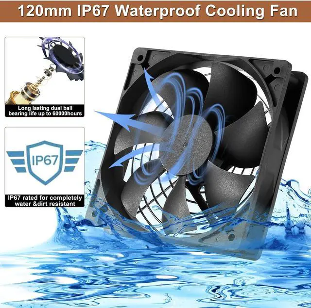 Alt view image 2 of 6 - 12V DC IP67 Waterproof Fan 120mmx25mm 4.72inch 2-Pack High Speed 12 Volt Dual Ball Bearing 2 Wire 3Pin Exhaust Cooling Fan 3000RPM