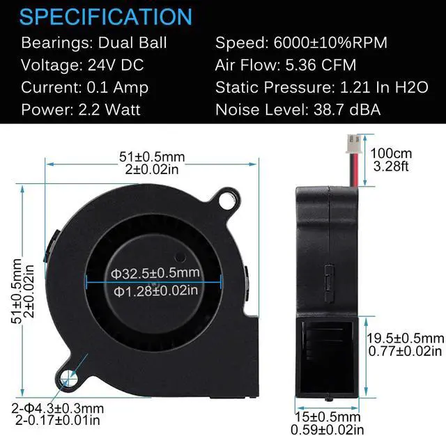 Alt view image 2 of 7 - GDSTIME 2Pcs 50mm 5015 Blower Fan 24V Brushless Dual Ball Bearing Turbo Cooling 50x15mm 2Pin 39 inch Cable for 3D Printer Hotend Extruder