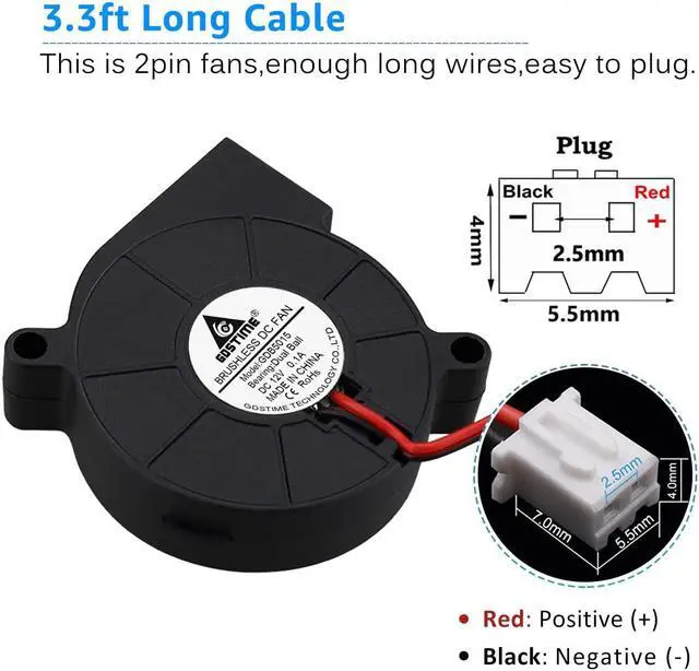 Alt view image 6 of 7 - GDSTIME 2Pcs 50mm 5015 Blower Fan 24V Brushless Dual Ball Bearing Turbo Cooling 50x15mm 2Pin 39 inch Cable for 3D Printer Hotend Extruder