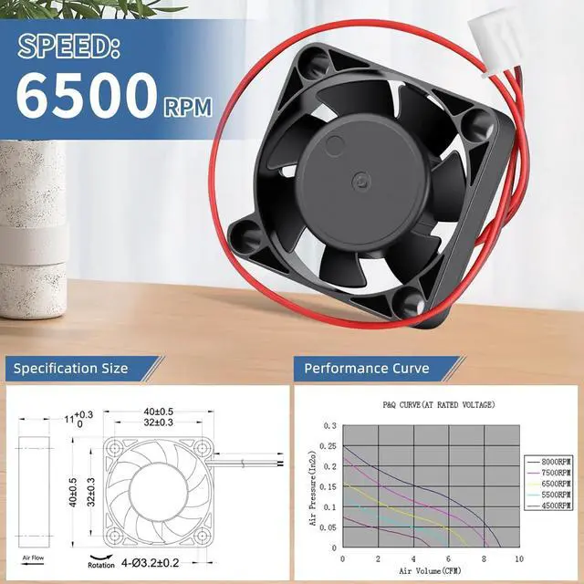 Alt view image 5 of 6 - Wathai 40mm x 10mm DC 12 Volt Brushless Cooling Fan 12V Dual Ball Replacement Fans for DIY 3D Printer, Amplifier, Computer, Devices, Battery Chargers, Raspberry pi, Laptops, and DVR Cooling 2Pack