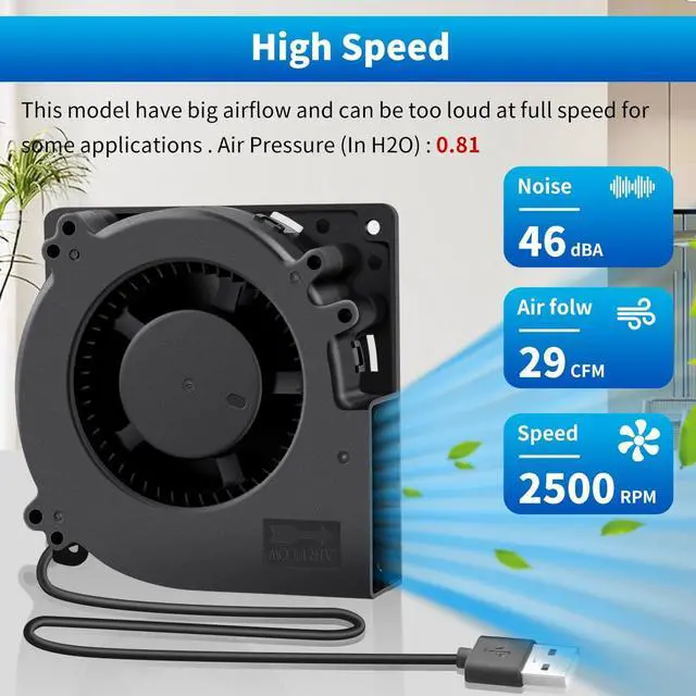 Alt view image 3 of 7 - Wathai 120mm x 32mm USB Blower Fan 5V High Performance with Speed Control for Electronics Computer Components, Home Theater, Receiver,3D Printers Cooling