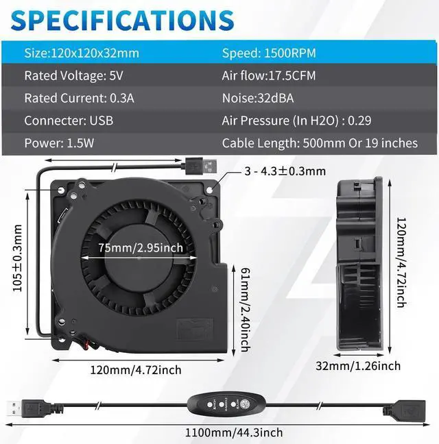 Alt view image 7 of 7 - Wathai 120mm x 32mm USB Blower Fan 5V High Performance with Speed Control for Electronics Computer Components, Home Theater, Receiver,3D Printers Cooling