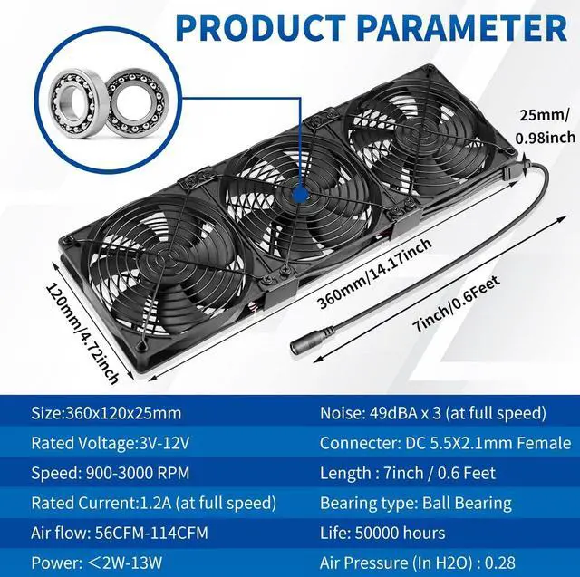 Alt view image 5 of 7 - Big Airflow 3 x 120mm Computer Case Fan AC 110v - 240v with Speed Controller for CPU Gaming Cabinet Small Box Refrigerator Window CoolingRegistered BoosterDIY Exhaust Project