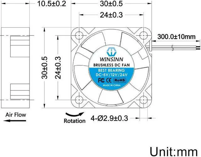 Alt view image 2 of 5 - WINSINN 30mm Fan 5V, 3D Printer Micro 5 Volt Fans 3010 Dual Ball Bearing, Brushless Cooling 30mmx10mm 2PIN (Pack of 2Pcs)