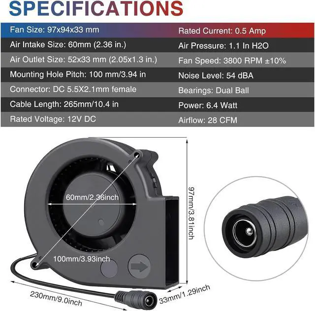 Alt view image 5 of 7 - 97mm x 33mm Blower Fan Dual Ball 12 Volt High CFM 110v 220v Variable Speed Controller with AC Pulg for DIY Cooling Ventilation Exhaust Projects, Inflatable Replacement