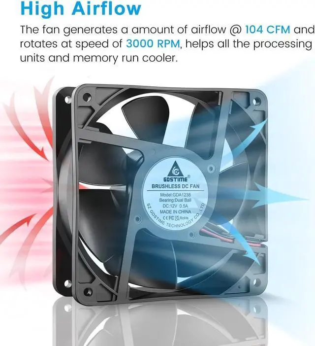 Alt view image 4 of 7 - GDSTIME 12V 1238 Cooling Fan, 120mm x 38mm 3000RPM Dual Ball Bearings DC Brushless Fan