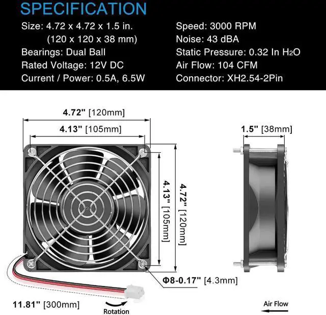 Alt view image 6 of 7 - GDSTIME 12V 1238 Cooling Fan, 120mm x 38mm 3000RPM Dual Ball Bearings DC Brushless Fan