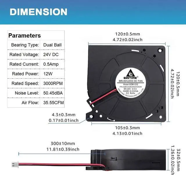 Alt view image 5 of 7 - GDSTIME Brushless Radial Blower Fan High Speed 24V DC Centrifugal Fan 120mm x120mm x 32mm