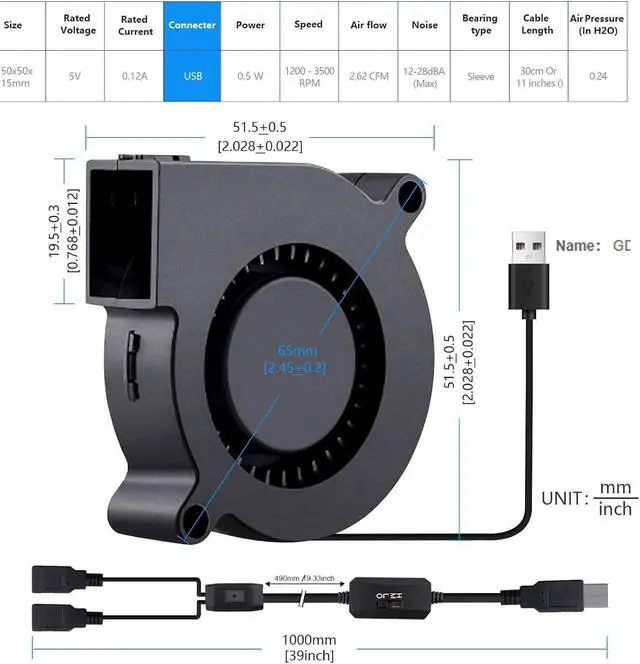 Alt view image 6 of 6 - Wathai 50mm x 15mm USB Blower Fan 5V 5015 Brushless Cooling Fans with Variable Speed Controller for Laptops, Helmets, and DIY Projects 2 Pack