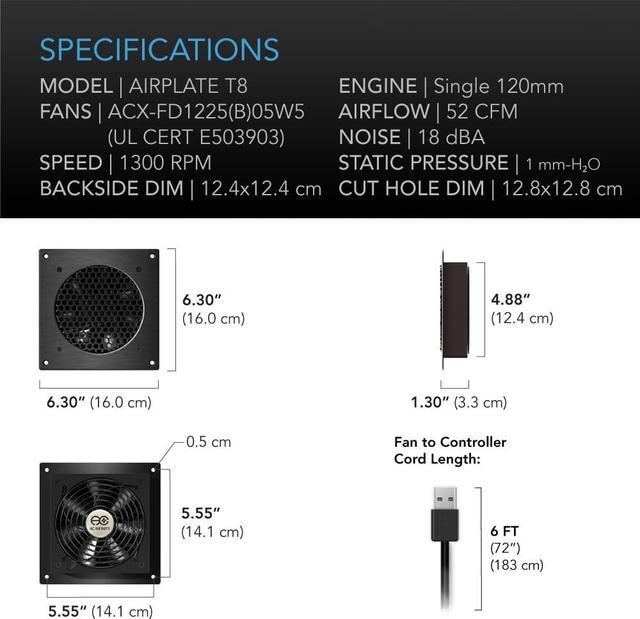 Alt view image 6 of 7 - AC Infinity AIRPLATE T8, Quiet Cooling Dual-Fan System 6" with Thermostat Control, for Home Theater AV Cabinets