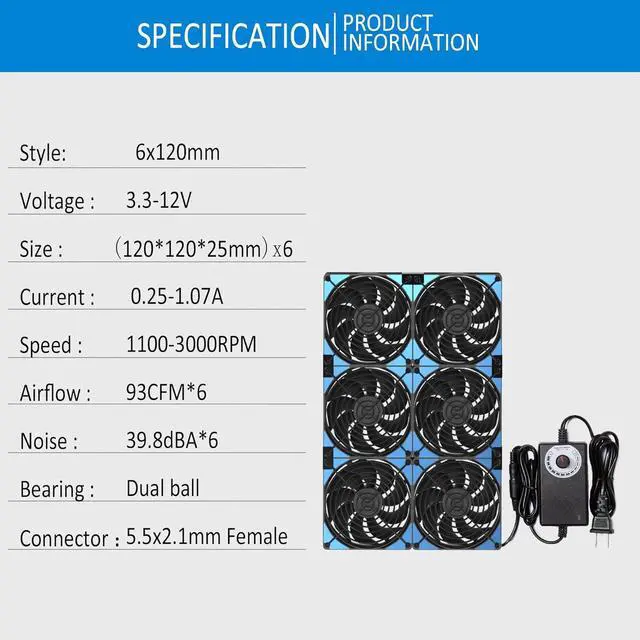 Alt view image 3 of 6 - 120mmx6 720mm Adjustable Computer PC Vent Fans 3V-12V Speed Controller for Flexible Arrange Cabinet Rack Space Window Wall Server Mining Rig Chicken Coop Exhaust Cooling -
