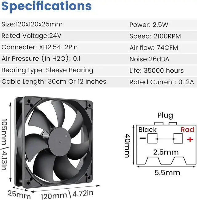 Alt view image 2 of 7 - Wathai 120x120x25mm 120mm 24v Case Fan PC Cooling DC Brushless Motor Fan High Airflow