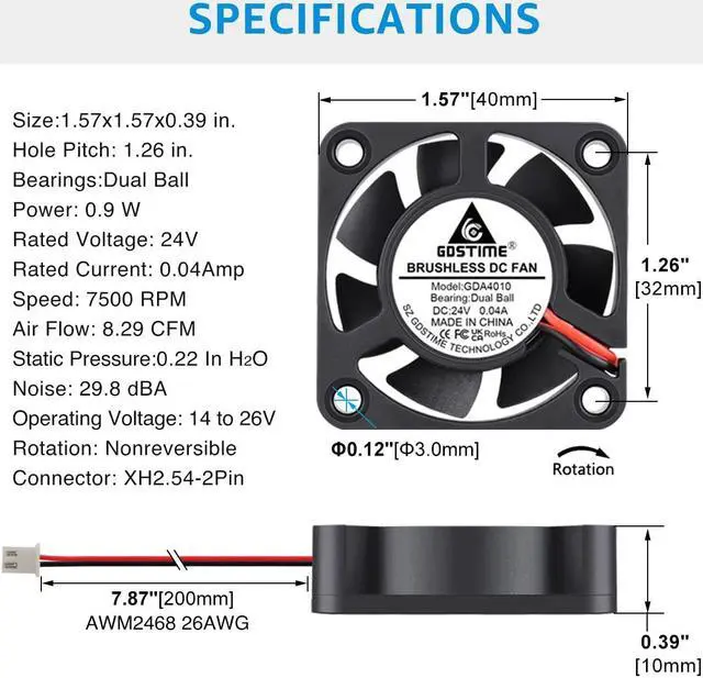 Alt view image 2 of 7 - GDSTIME 2Pcs 40mm Fan 24V, Dual Ball Bearing 40x40x10mm Brushless DC Cooling Fan 2 Pin