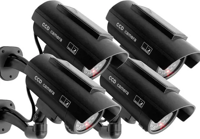 Main image of F FINDERS&CO Solar Powered Fake Security Camera, Bullet Dummy Security Camera Surveillance System with Realistic Red Flashing Lights Indoor Outdoor (4 Black)