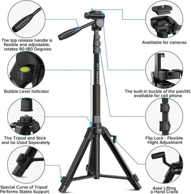 Alt view image 5 of 7 - Camera Tripod 69 Inch, Patented 3-Way Swivel Portable Phone Tripod Professional Aluminum Alloy Travel Phone Camera Stand Monopod for Canon Nikon GoPro DSLR, DV Video Camcorder, Smartphone Black