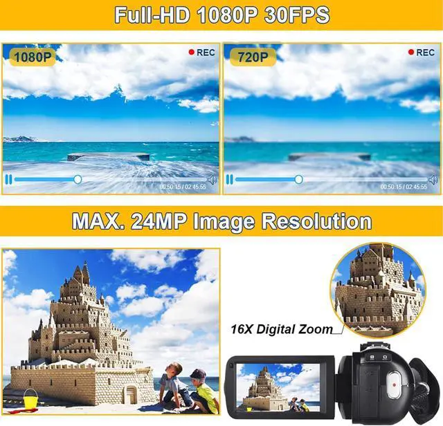 Alt view image 2 of 7 - Video Camera Camcorder Full HD 1080P 30FPS 24.0 MP IR Night Vision Vlogging Camera Recorder 3.0 Inch IPS Screen 16X Zoom Camcorders Camera Remote Control with 2 Batteries