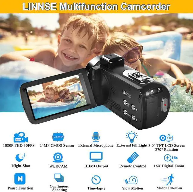 Alt view image 6 of 7 - Video Camera Camcorder Full HD 1080P 30FPS 24.0 MP IR Night Vision Vlogging Camera Recorder 3.0 Inch IPS Screen 16X Zoom Camcorders Camera Remote Control with 2 Batteries