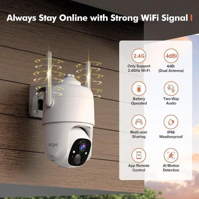 Alt view image 2 of 7 - Gadpiparty Dzees 360° PTZ Security Cameras Wireless Outdoor WiFi, 2K Powered Home Security Camera Indoor, Spotlight & Siren, Color Night Vision, 2-Way Talk, AI Motion Detection, IP66, Cloud Stroage
