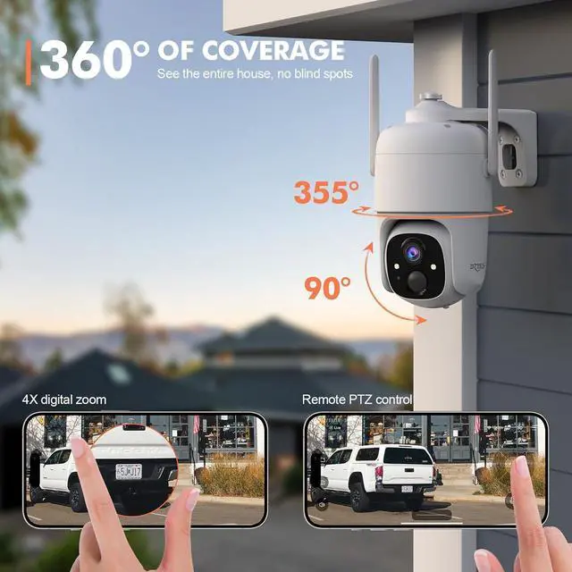 Alt view image 3 of 7 - Gadpiparty Dzees 360° PTZ Security Cameras Wireless Outdoor WiFi, 2K Powered Home Security Camera Indoor, Spotlight & Siren, Color Night Vision, 2-Way Talk, AI Motion Detection, IP66, Cloud Stroage