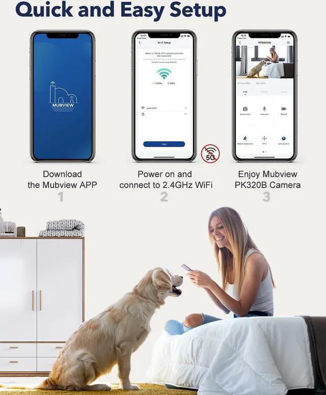 Alt view image 4 of 7 - MUBVIEW Pet Camera with Phone App, Indoor Security Camera, 2.4G WiFi Cameras for Home Security, Wired Cameras for Dog/Elder/Baby, Motion Tracking, PTZ, 24/7, Two-Way Audio, 2K Night Vision (4 Pack)