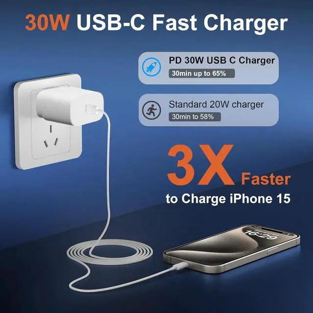 Alt view image 3 of 6 - iPhone 15 Pro Max Charger Fast Charging, 30W USB C iPhone 15 Pro Max Fast Charger Block with 10FT Long USB C Charging Cable for iPhone 15 Pro Max/15 Pro/15/Plus,iPad Pro 11,Samsung Galaxy S24 Ultra