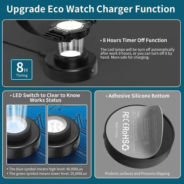 Alt view image 2 of 7 - Solar Watch Charger, 8 Hours Timing Off with Men, Women & Square 3 Caps, LED UV Light Charge Eco Driver Watches Compatible Casio/Tough/Protrek/Seiko/Citizen/Garmin/Timex/Bering/FANMIS (Black)