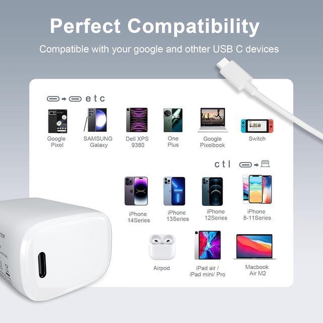 Alt view image 7 of 7 - 30W USB C Charger Block Fast Charging For Google Pixel 8 7 6 5 8 7a 6a 5a Pro Iphone 15/15 Pro/15 Pro Max,Samsung Galaxy S23/S22/S21 Note 20 30W PD Power Adapter Wall Charger Box+6ft Type C to C Cable