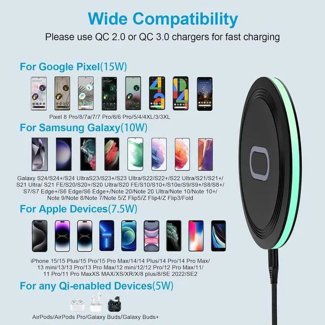 Alt view image 5 of 7 - Pixel 7a 8 Pro Wireless Charger Pad, 15W Fast Wireless Charging Pad with Adapter for Google Pixel 8 7 Pro 7 6 Pro 6, iPhone 15 14 13 12 Pro Max,Samsung Galaxy S24 S23 Ultra S23 FE S22 S21 S20 Note 20