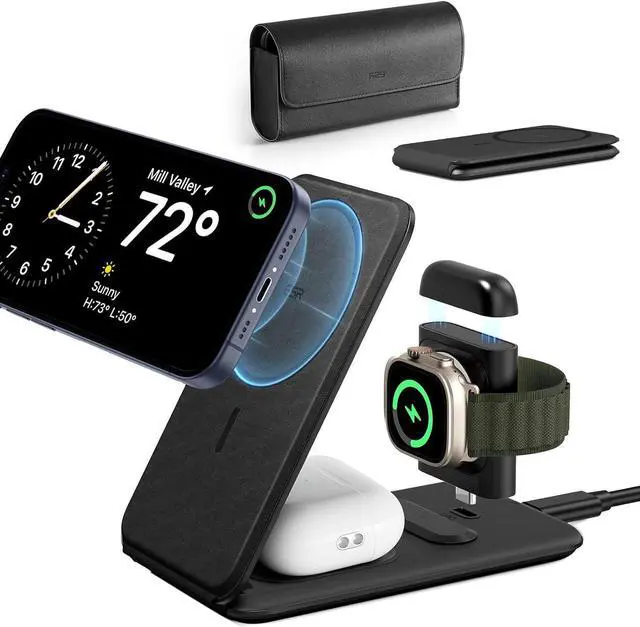 Main image of ESR 3 in 1 Charger for Magsafe, Travel Charger Stand for Magsafe, Made for Apple Watch Certified, Foldable Charging Station Compatible with Magsafe and iPhone 15/14/13/12, AirPods Pro, Black