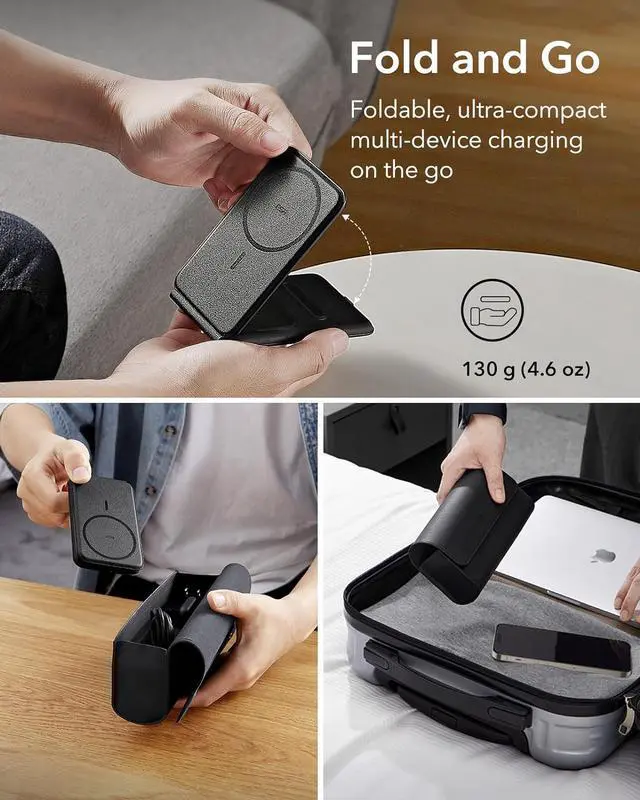 Alt view image 2 of 7 - ESR 3 in 1 Charger for Magsafe, Travel Charger Stand for Magsafe, Made for Apple Watch Certified, Foldable Charging Station Compatible with Magsafe and iPhone 15/14/13/12, AirPods Pro, Black