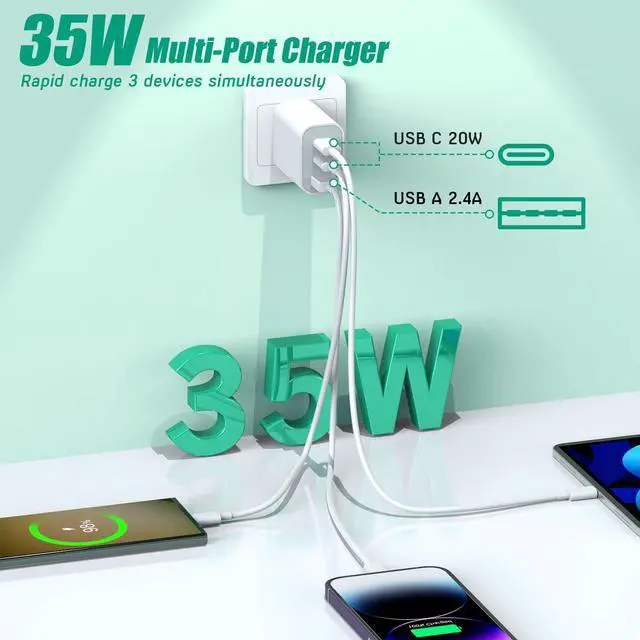 Alt view image 2 of 7 - [2-Pack] iPhone 15 Charger Block, 35W 3-Port Fast USB C Charger Block Dual Port PD Power Adapter + QC Wall Plug Multiport USB C Wall Charger Block for iPhone 15/15 Pro/15 Pro Max/15 Plus/14/13/12/11/X