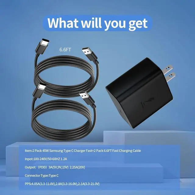 Alt view image 6 of 7 - 2Pack 45W USB C Super Fast Charger, Android Phone Wall Charger Fast Charging with 6.6FT USB Type C Cable for Samsung Galaxy S24 S23 Ultra/S23+/S22 Ultra/S22+/S22/S20/Note 10/20/Z Fold (6.6FT-2Pack)