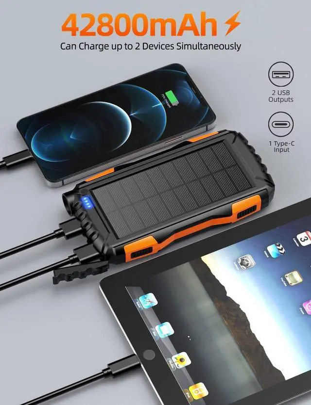 Alt view image 3 of 7 - Power-Bank-Solar-Charger - 42800mAh Portable Charger Solar Power Bank External Battery Pack 5V3.1A Qc 3.0 Fast Charger Built-in Super Bright Flashlight (Orange)