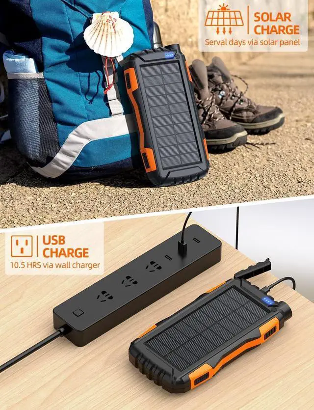 Alt view image 4 of 7 - Power-Bank-Solar-Charger - 42800mAh Portable Charger Solar Power Bank External Battery Pack 5V3.1A Qc 3.0 Fast Charger Built-in Super Bright Flashlight (Orange)