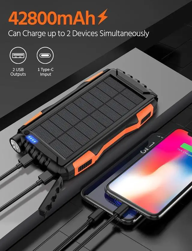 Alt view image 2 of 7 - Solar Charger Power Bank 42800mAh Portable Charger Power Bank External Battery Pack 5V3.1A Qc 3.0 Fast Charger Built-in Super Bright Flashlight (Orange)