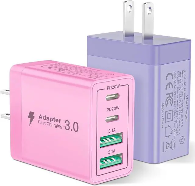 Main image of [2 Pack] USB C Charger Block, Aioneus 40W 4-Port QC+PD 3.0 Power Adapter, Fast Charging Block Type C Multiport Plug USB C Wall Charger for iPhone 15 14 Plus Pro Max 13 12, iPad, Samsung(Pink & Purple)