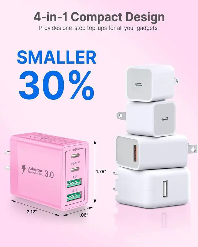 Alt view image 3 of 7 - [2 Pack] USB C Charger Block, Aioneus 40W 4-Port QC+PD 3.0 Power Adapter, Fast Charging Block Type C Multiport Plug USB C Wall Charger for iPhone 15 14 Plus Pro Max 13 12, iPad, Samsung(Pink & Purple)