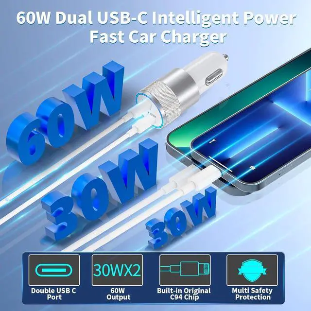 Alt view image 5 of 7 - MFi CertifiediPhone Car Charger Fast Charging, Braveridge 60W PD Dual USB-C Power Cigarette Lighter Car Charger+2Pack Type-C to Lightning Cable for iPhone 14 13 12 11 XS Max Mini XR SE iPad