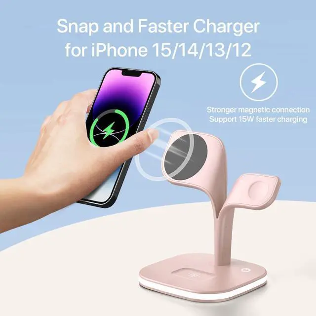 Alt view image 2 of 6 - EXW Magnetic Charging Station, 5 in 1 Faster Mag-Safe Wireless Charger Stand for iPhone 15 14,13,12 Pro/Max/Mini, Apple Watch 9/8/7/6/SE/5/4/3/2 and Airpods 3/2/Pro/Pro 2 with LED and Adapter (Pink)