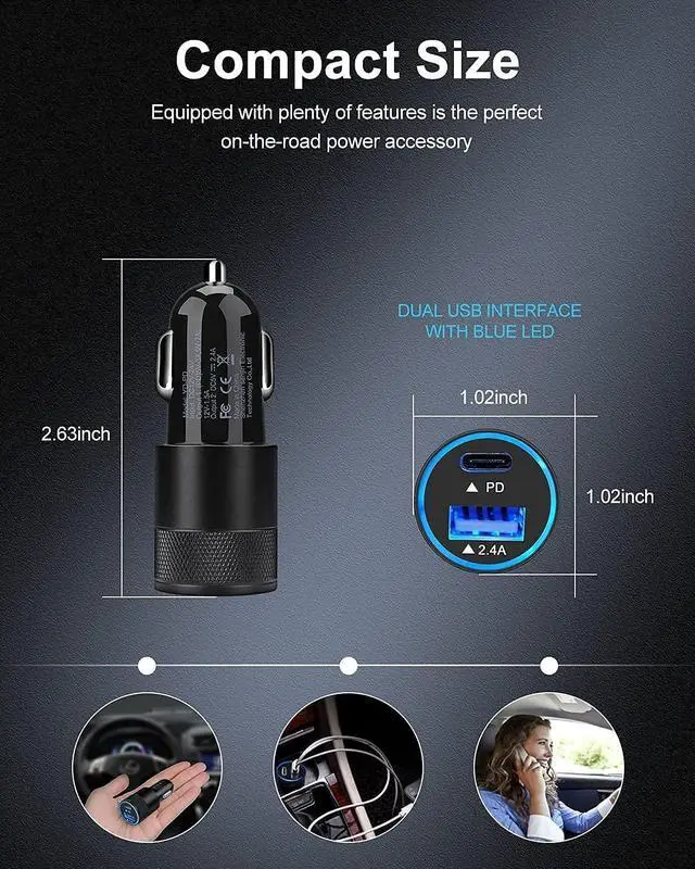 Alt view image 4 of 7 - 30W USB C Car Charger, [2Pack] PD 3.0 Fast Charge Dual Port USB Type C and 2.4a USB A Cargador Carro Lighter Adapter Base for iPhone, iPad, Samsung Galaxy, LG, Google Pixel GPS, Z Play Droid, Motorola