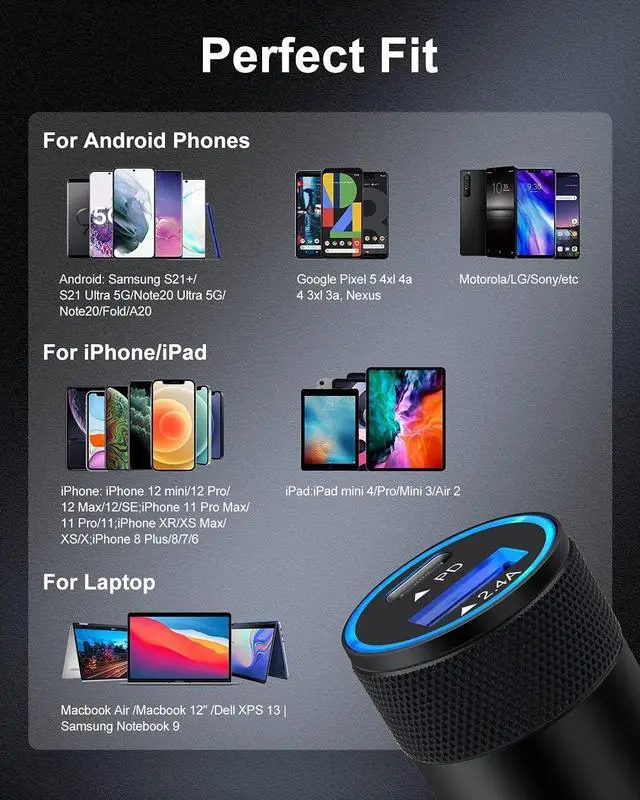 Alt view image 7 of 7 - 30W USB C Car Charger, [2Pack] PD 3.0 Fast Charge Dual Port USB Type C and 2.4a USB A Cargador Carro Lighter Adapter Base for iPhone, iPad, Samsung Galaxy, LG, Google Pixel GPS, Z Play Droid, Motorola