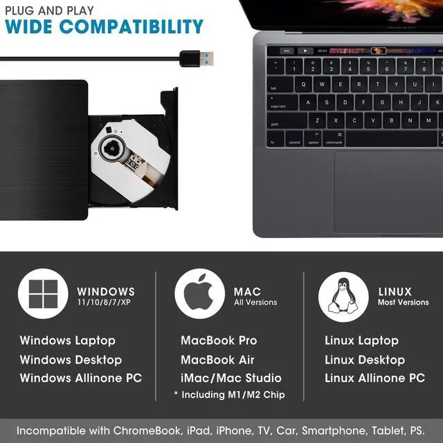 Alt view image 4 of 7 - External CD DVD Drive USB 3.0 Portable DVD & CD-ROM +/-RW Player Burner Reader Writer Rewriter Adapter Optical Disc Drive for Laptop PC Windows 11/10/8/7 Mac Linux Desktop Computer