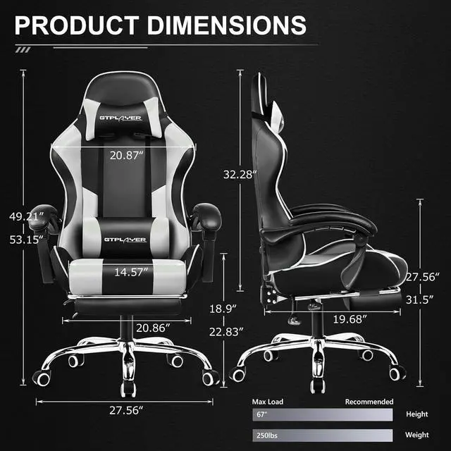 Alt view image 2 of 6 - GTPLAYER Gaming Chair, Computer Chair with Footrest and Lumbar Support, Height Adjustable Game Chair with 360°-Swivel Seat and Headrest and for Office or Gaming (White)