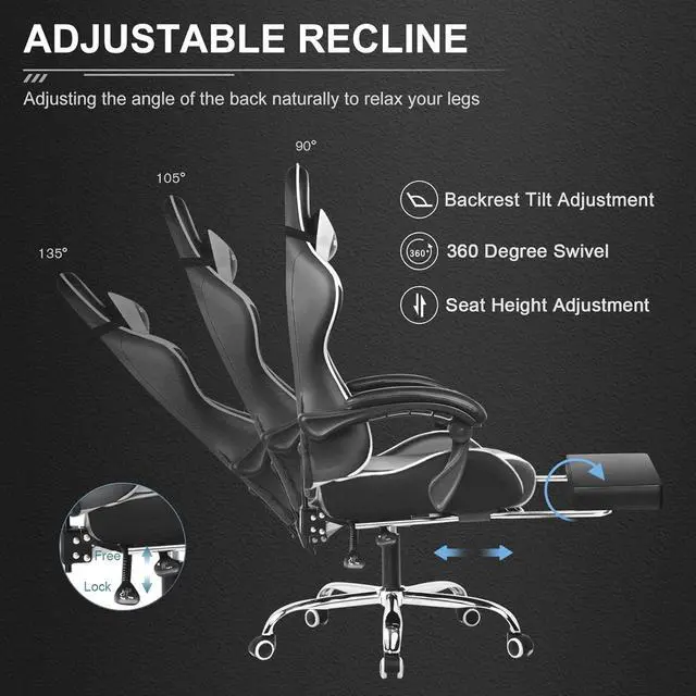 Alt view image 5 of 6 - GTPLAYER Gaming Chair, Computer Chair with Footrest and Lumbar Support, Height Adjustable Game Chair with 360°-Swivel Seat and Headrest and for Office or Gaming (White)
