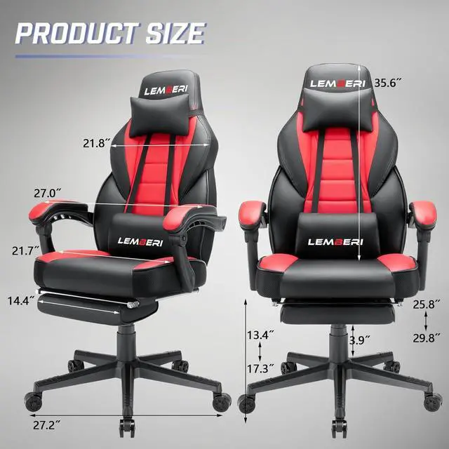 Alt view image 3 of 7 - LEMBERI Video Game Chairs with footrest, Big and Tall Gamer Chair for Adults, 400lb Capacity, Racing Style Computer Chair with Headrest and Lumbar Support