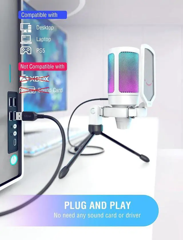 Alt view image 5 of 6 - FIFINE AmpliGame USB Microphone, PC Gaming Recording Desktop Laptop Mic, RGB Streaming Podcasting Condenser Mic for Online Game, Vocal, with Mute Button, Gain Knob, Tripod Stand-A6V White