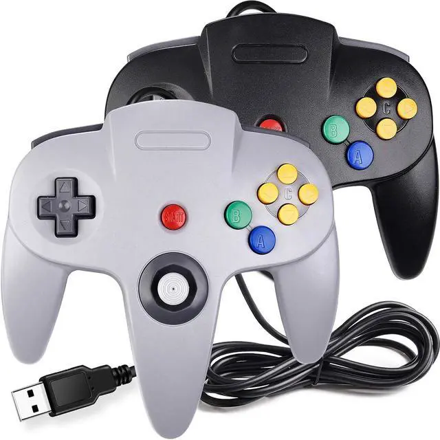 Main image of 2 Pack USB Wired N64 Controller, suily Classic N64 PC Gamepad Joystick Controller for Windows PC MAC Linux Raspberry Pi 3 (Black/Gray)