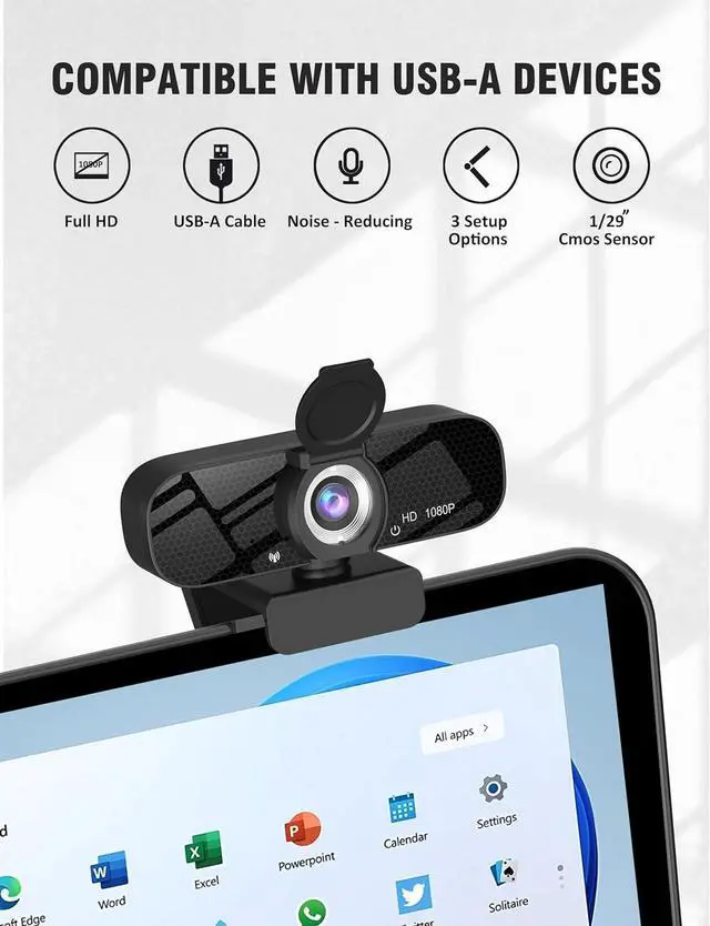Alt view image 4 of 6 - Full HD Webcam with Built-in Microphone and Rotatable Tripod, 1080P Video and Wide Angle Camera, Privacy Cover, for Desktop PC or Laptop Computer