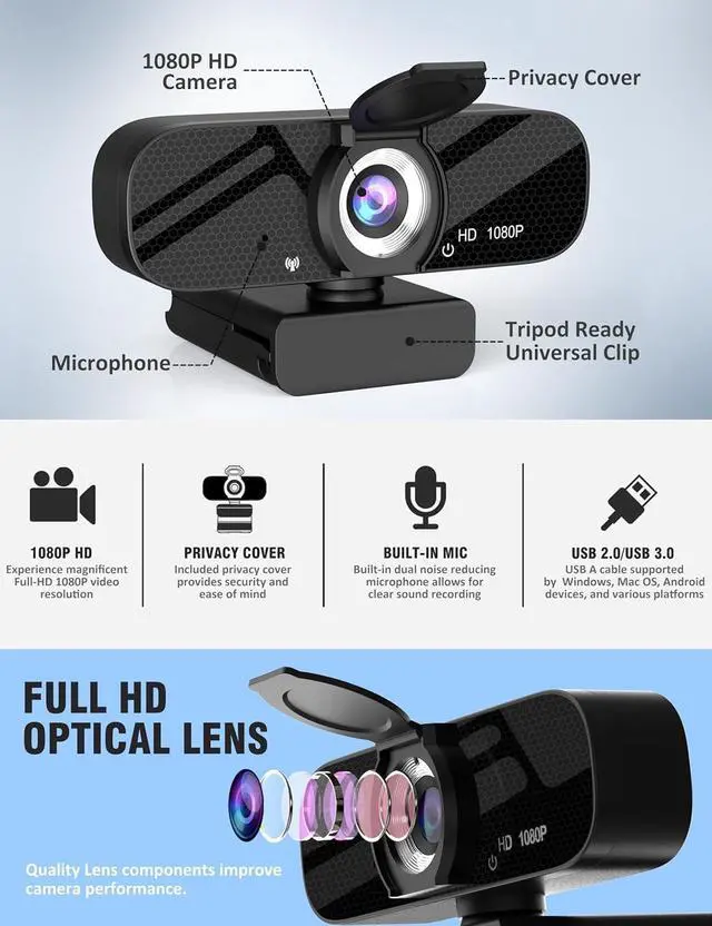 Alt view image 5 of 6 - Full HD Webcam with Built-in Microphone and Rotatable Tripod, 1080P Video and Wide Angle Camera, Privacy Cover, for Desktop PC or Laptop Computer